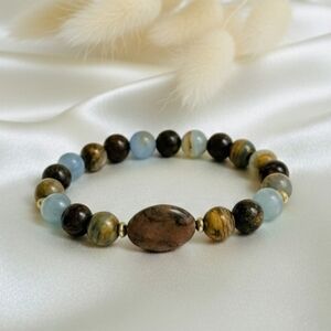 Lemurian Aquantine Calcite/Bronzite/Rhodonite Bracelet